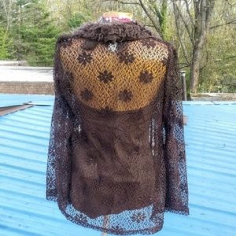 Vintage brown net tie-front faux fur collar coverup NWT - Picture 6 of 7